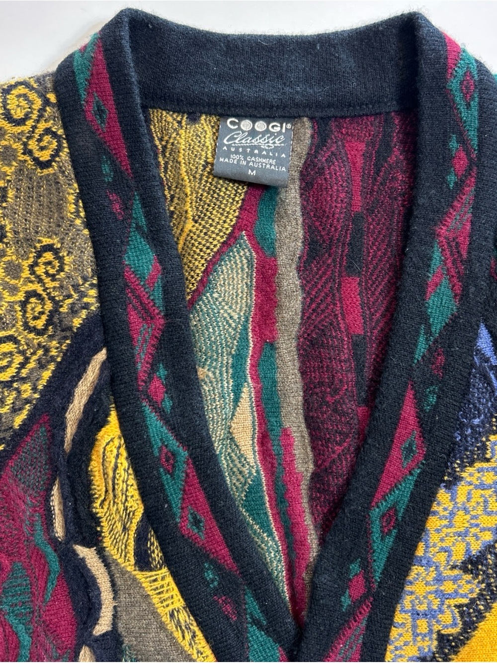 Vintage COOGI Australia 100% Cashmere 3D Knit Cardigan Mens M Multicolor
